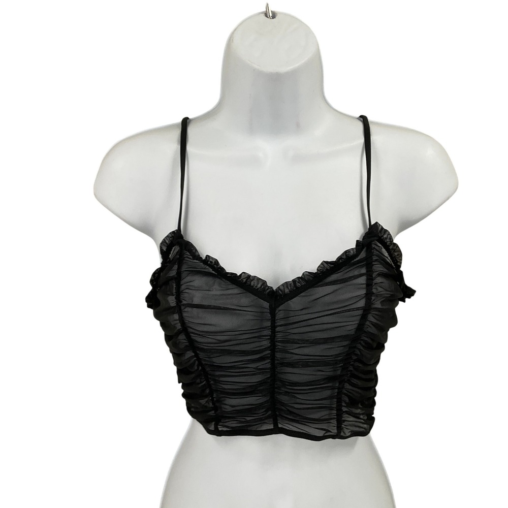 Savage X Fenty Camisole Women M Black Ruched Sheer Mesh Cropped Goth Edgy Baddie